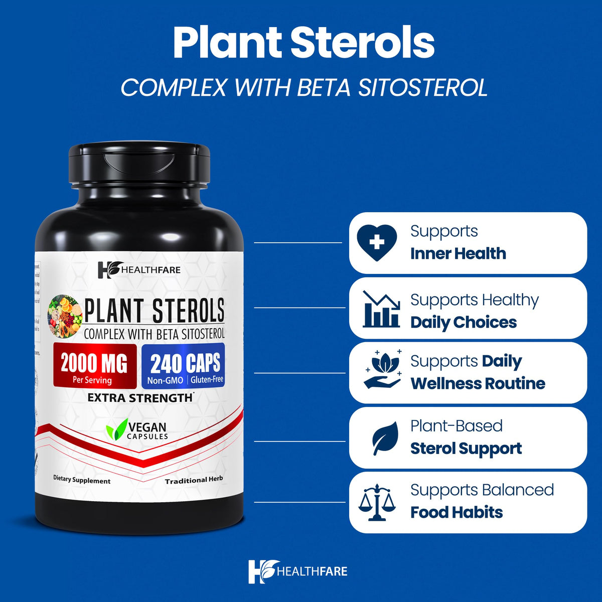 Healthfare Plant Sterols Capsules side view showing vegan label