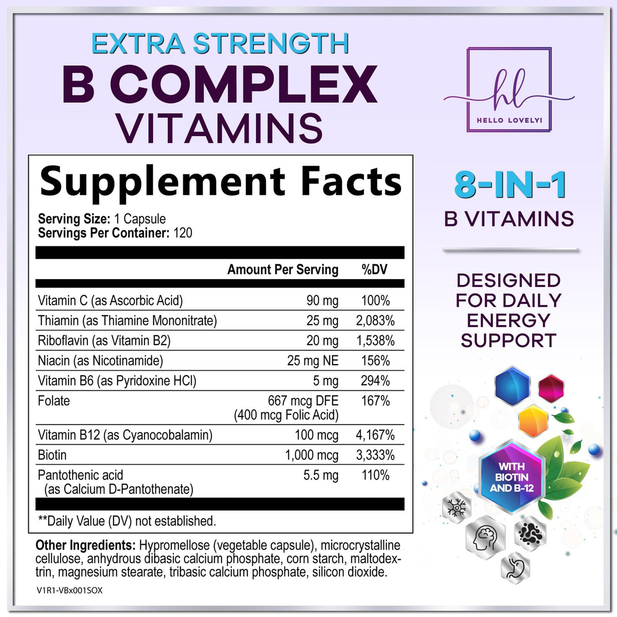 Hello Lovely! B Complex Vitamin Supplement 120 capsules side view