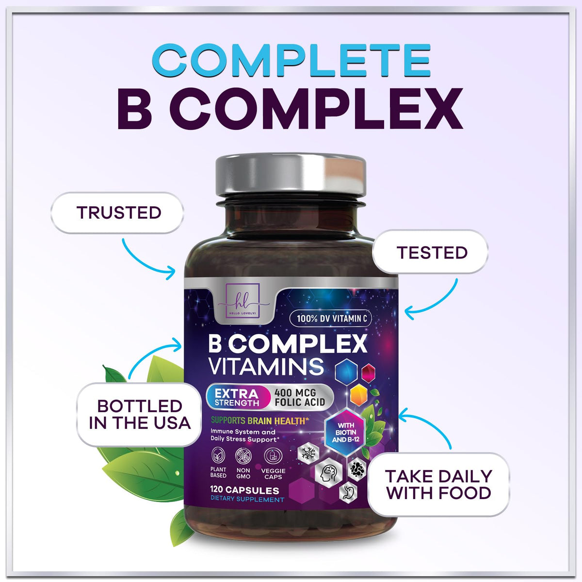 Hello Lovely! B Complex Vitamin Supplement bottle with a glass of water