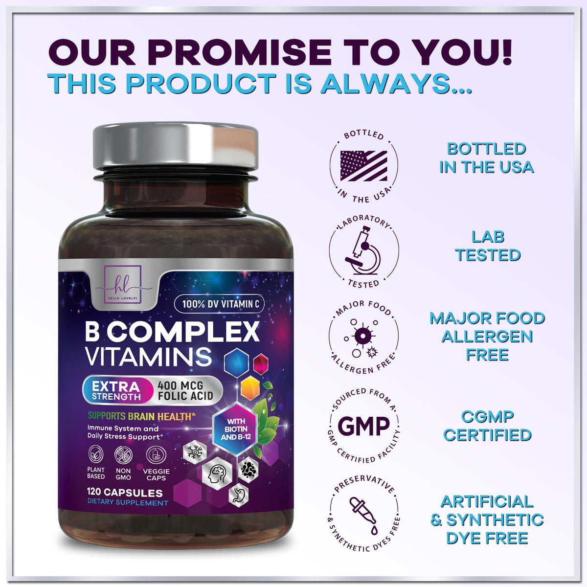 Hello Lovely! B Complex Vitamin Supplement capsules on a wooden table