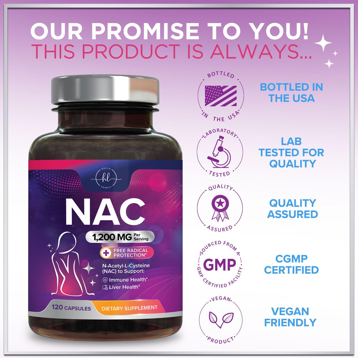 Hello Lovely! NAC Supplement capsules on a wooden surface