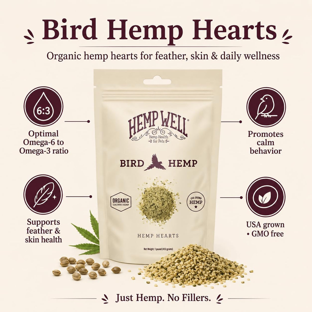 Hemp Well Organic Hemp Hearts serving suggestion for birds