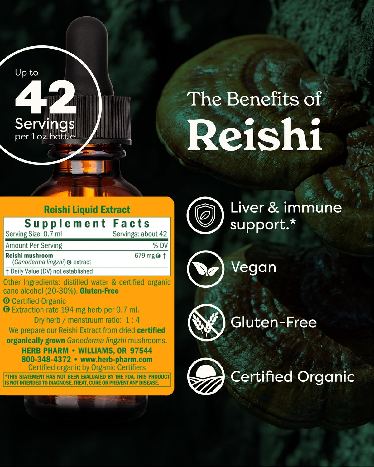 Herb Pharm Reishi Mushroom Extract 1 Ounce bottle side view