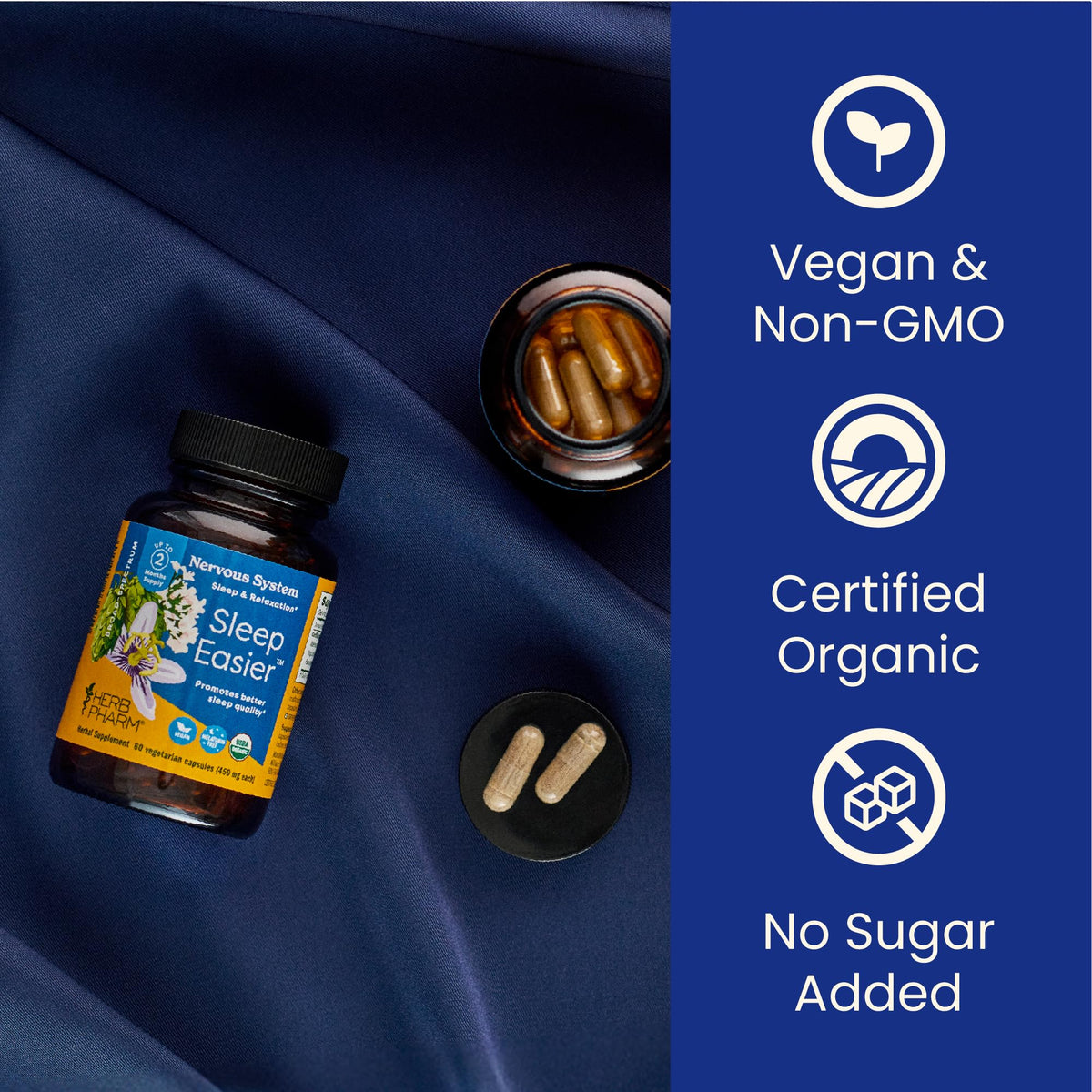 Herb Pharm Sleep Easier Capsules on a wooden table