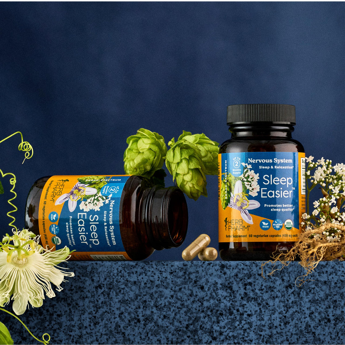Herb Pharm Sleep Easier Capsules with organic herbs background