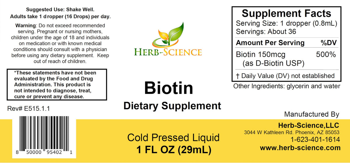 Herb-Science Liquid Biotin B7 1 oz sublingual drops with dropper