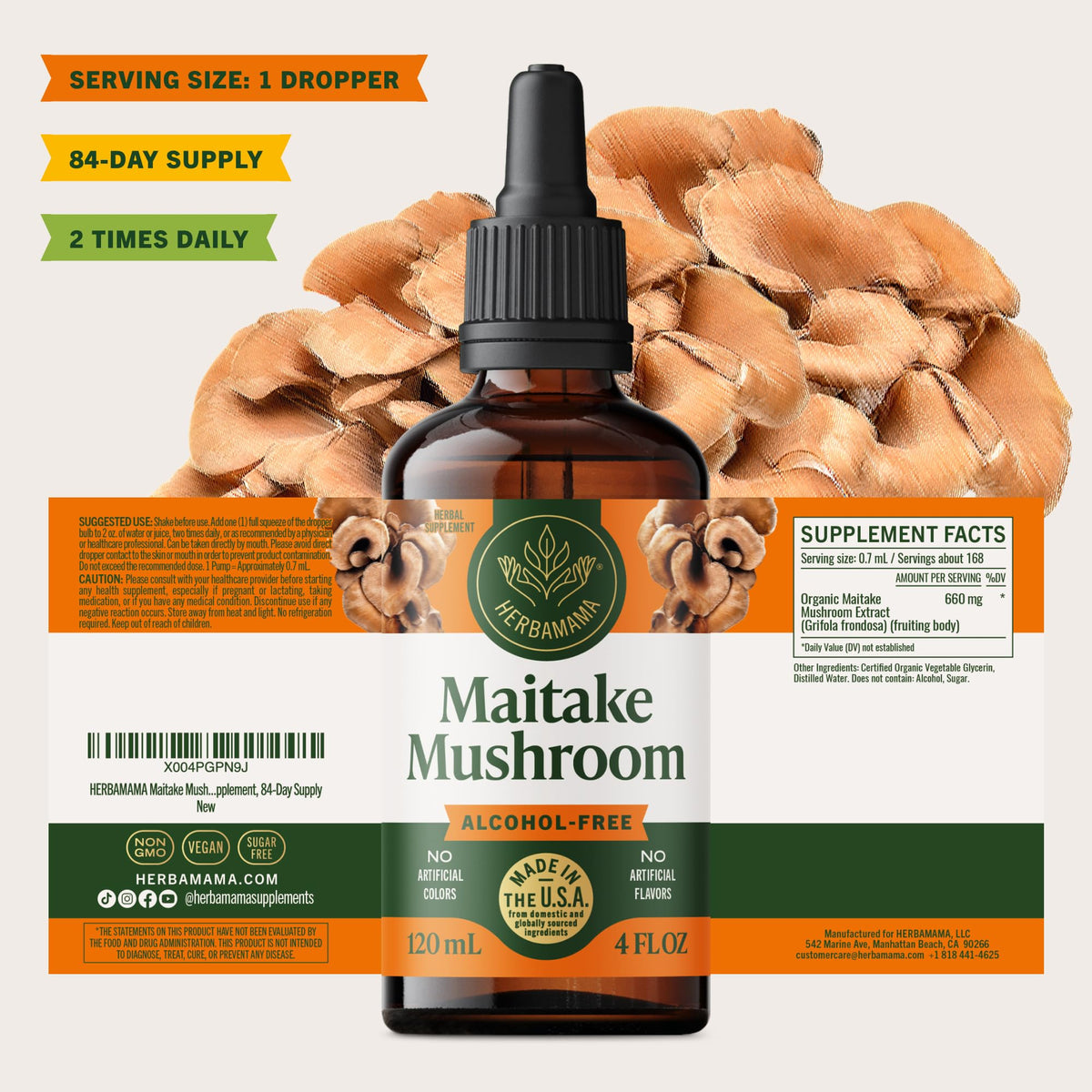 HERBAMAMA Maitake Mushroom Extract back view with dosage instructions