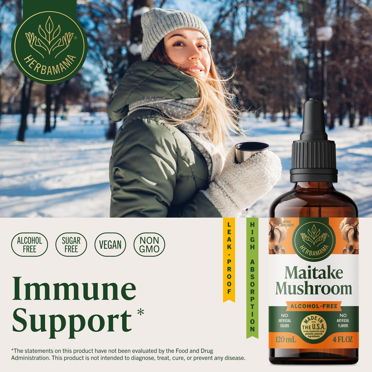 HERBAMAMA Maitake Mushroom Extract dropper and bottle