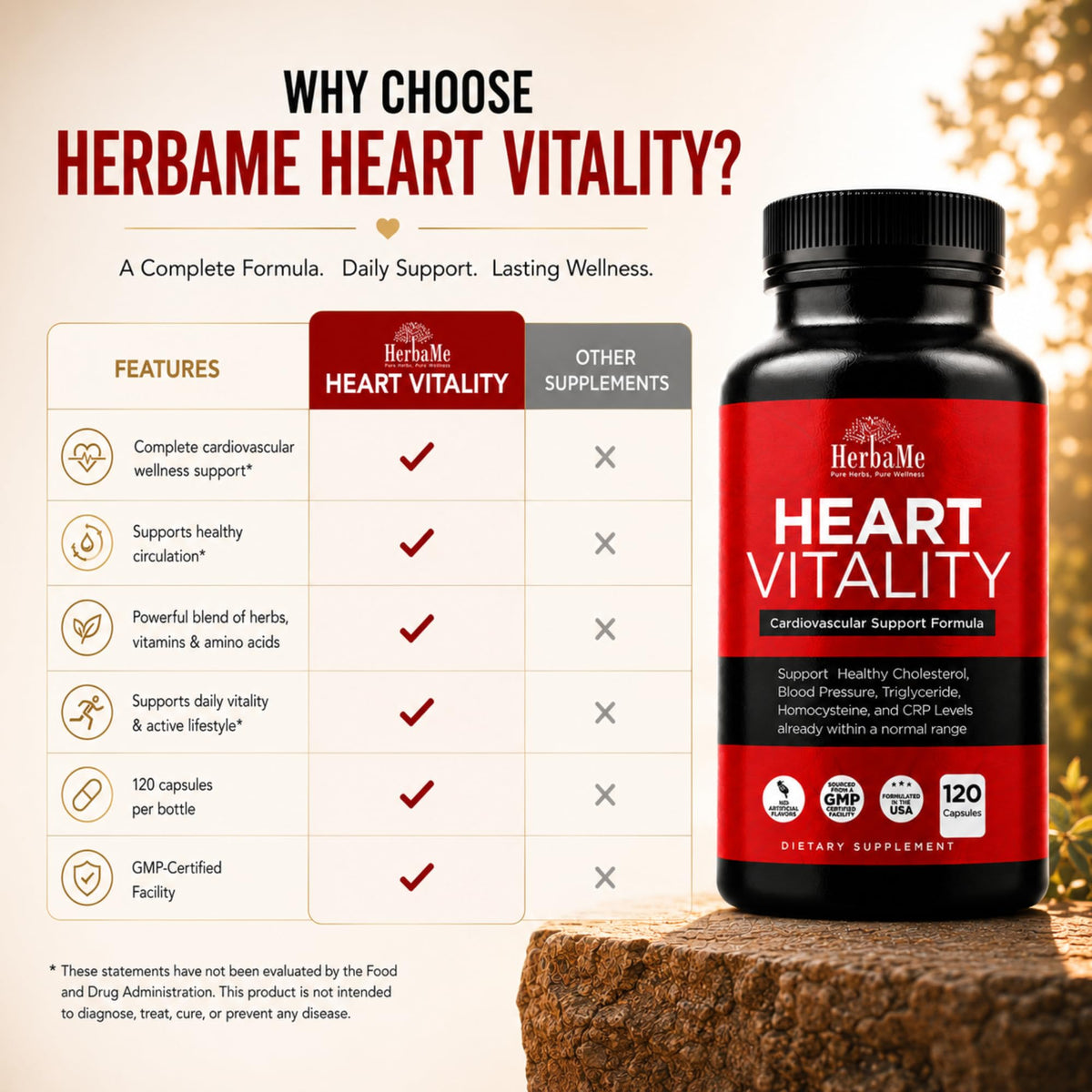 HerbaMe daily wellness Supplement bottle on a wooden table