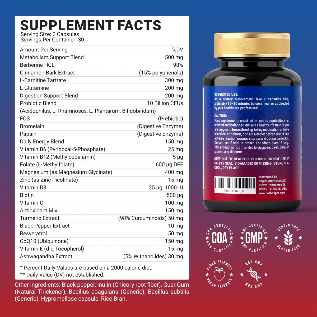 HerbaSpot 24-in-1 GLP-1 Supplement 1000 mg side view