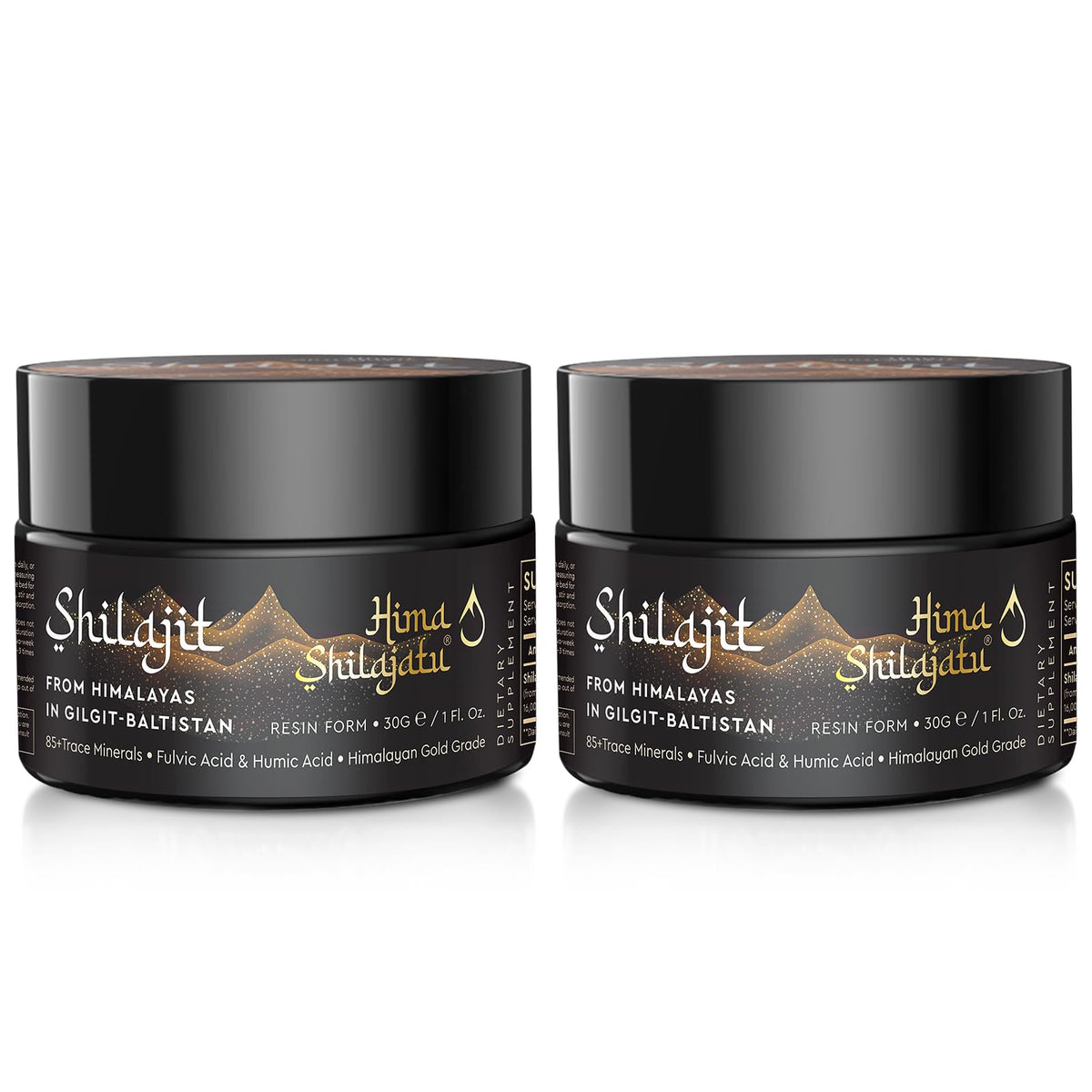 Hima Shilajatu Pure Himalayan Shilajit Resin front view in dark glass jar
