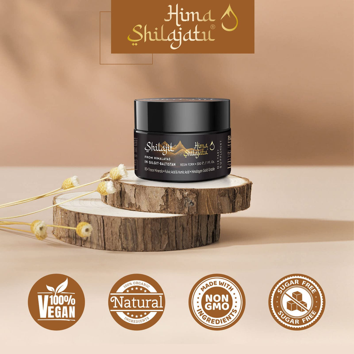 Hima Shilajatu Pure Himalayan Shilajit Resin on a wooden table