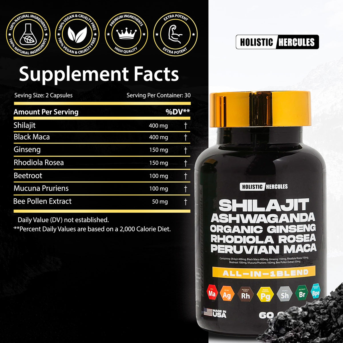 Holistic Hercules Shilajit Blend 8-in-1 supplement capsule side view