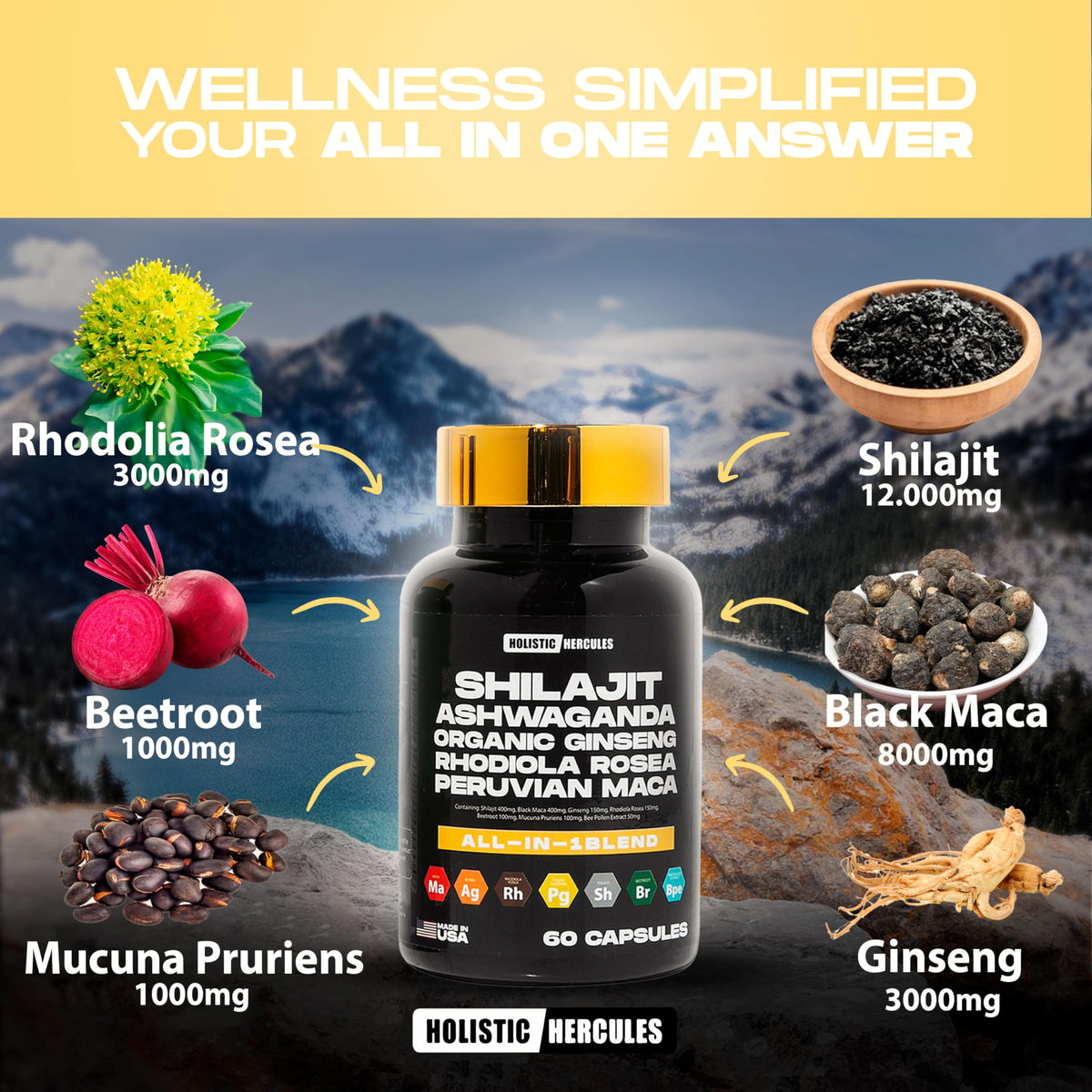 Holistic Hercules Shilajit Blend packaging with ingredients list