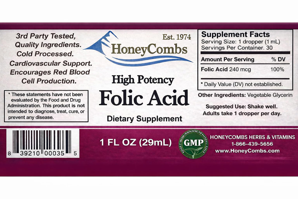 HoneyCombs Prenatal Folic Acid Liquid Drops 1oz bottle side view