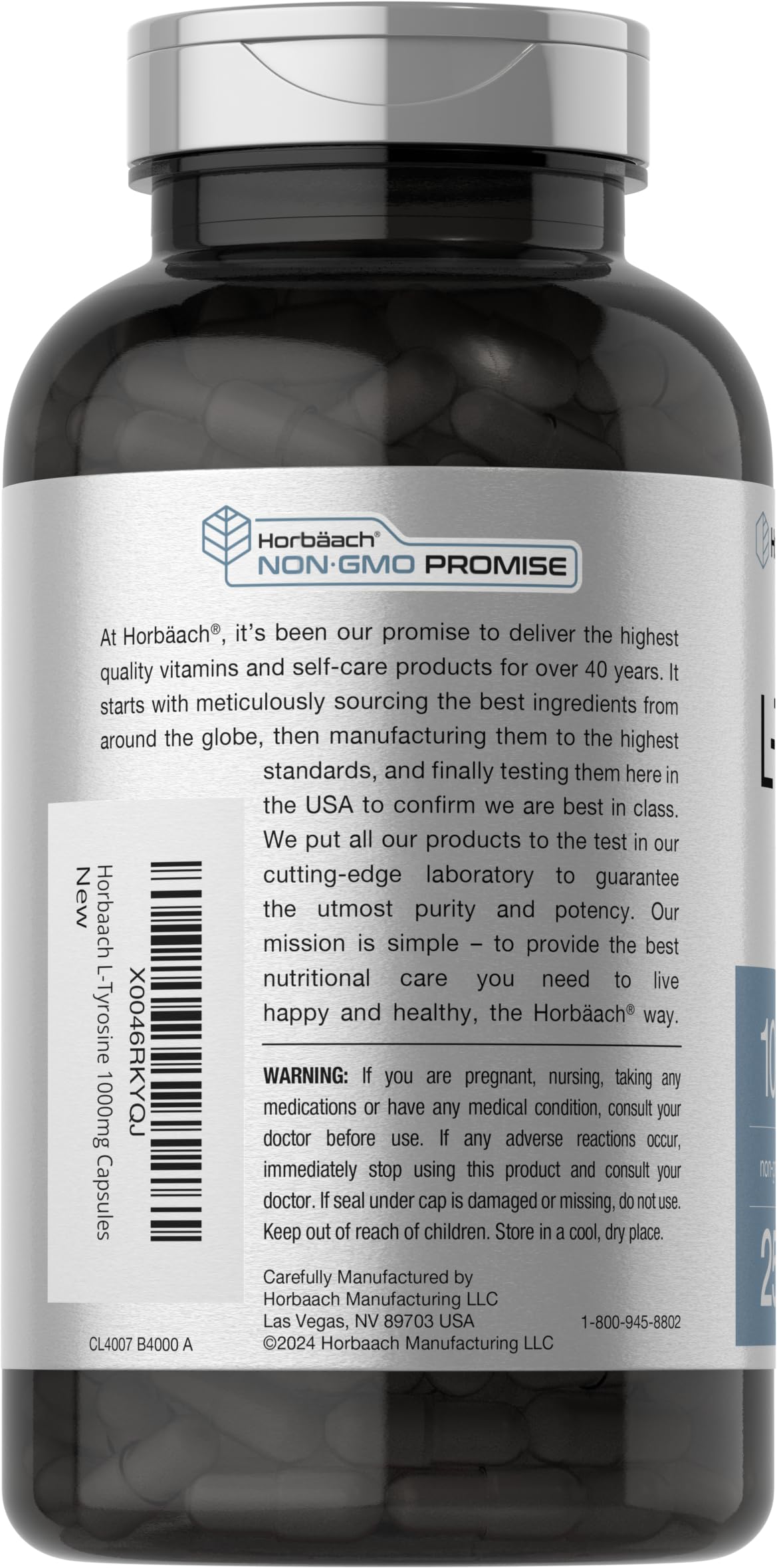 Horbäach L-Tyrosine 1000mg 250 Capsules bottle with label