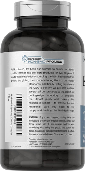 Horbäach L-Tyrosine 1000mg 250 Capsules bottle with label