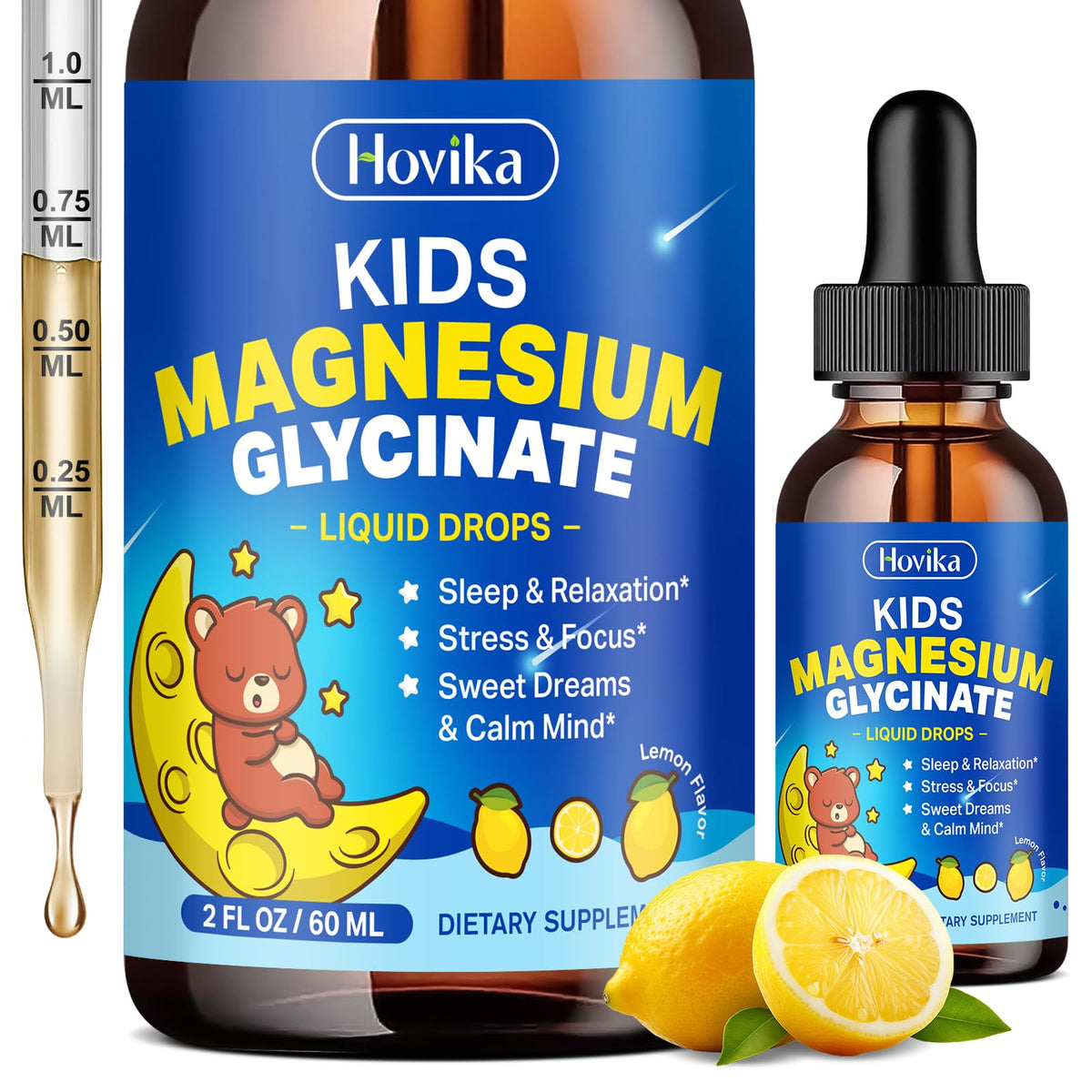 Hovika Magnesium Glycinate Liquid for Kids 2 Fl Oz lemon flavour front view