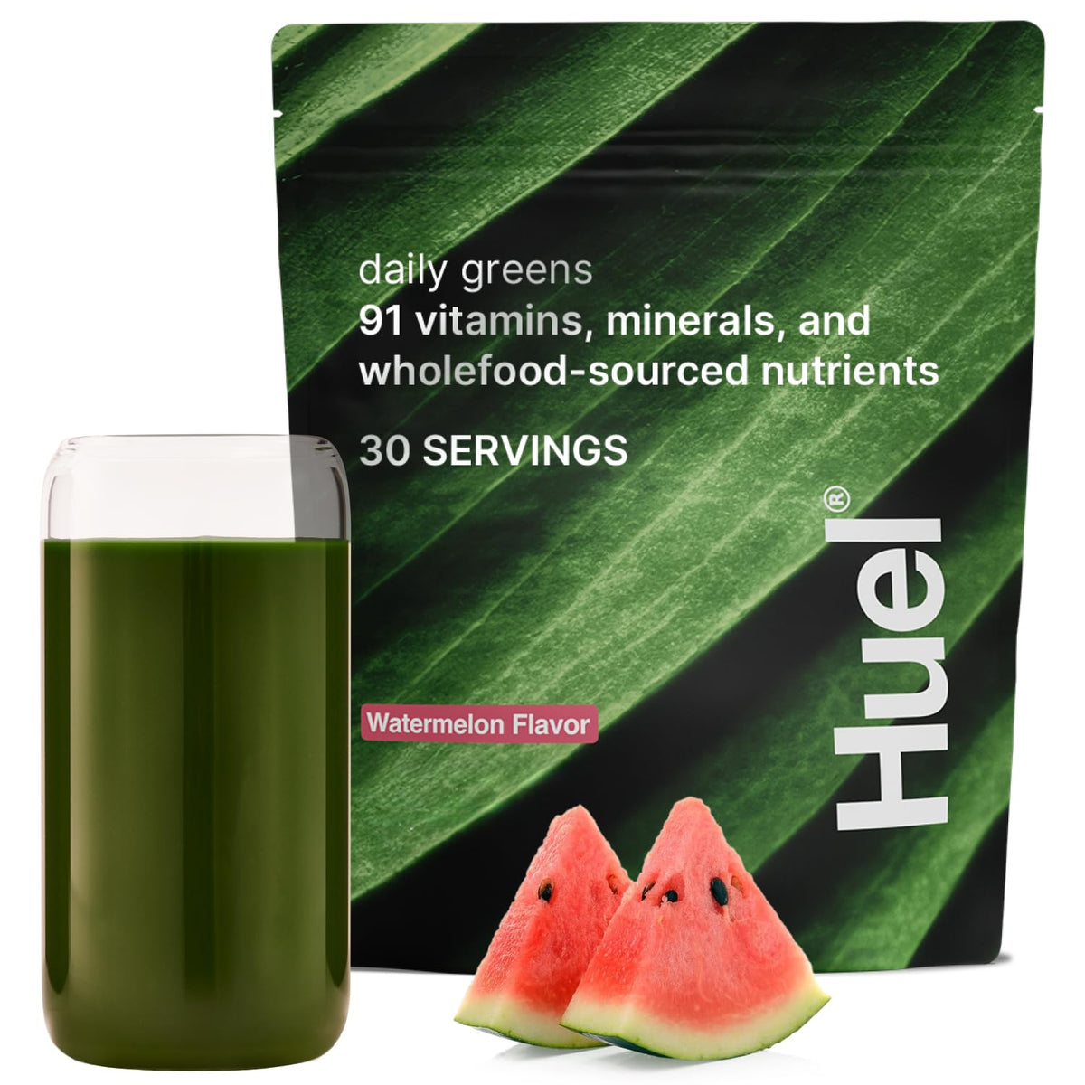 Huel Daily Greens Watermelon powder front view with packaging