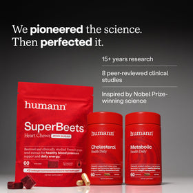 HumanN SuperBeets Heart Tablets 500mg on a wooden table
