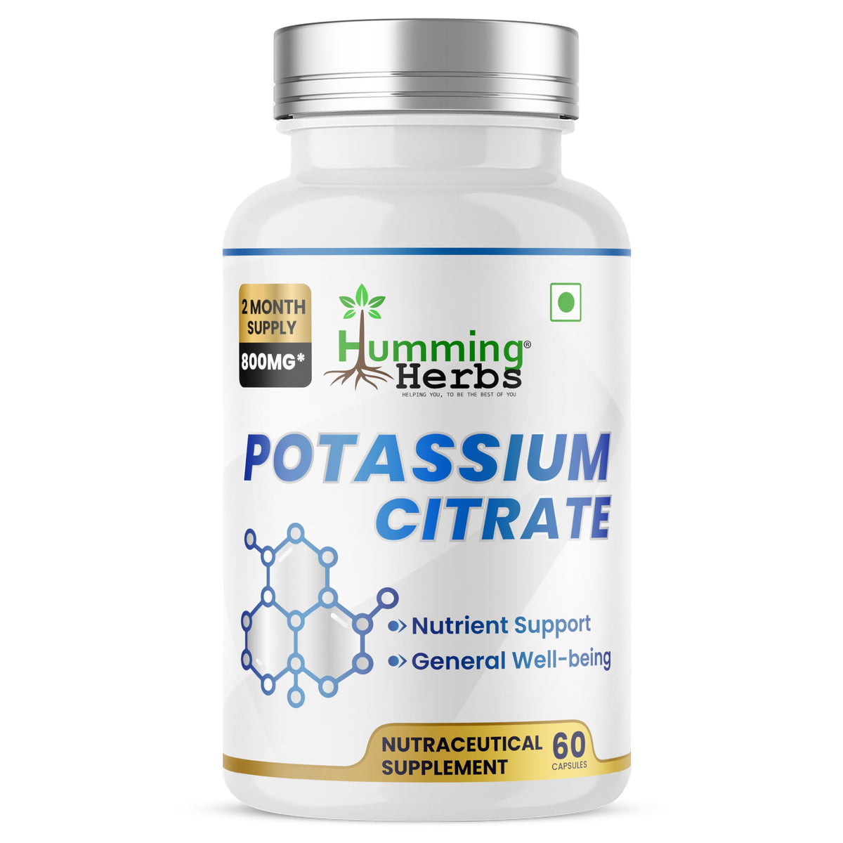 Humming Herbs Potassium Citrate 800 mg front view with clear label
