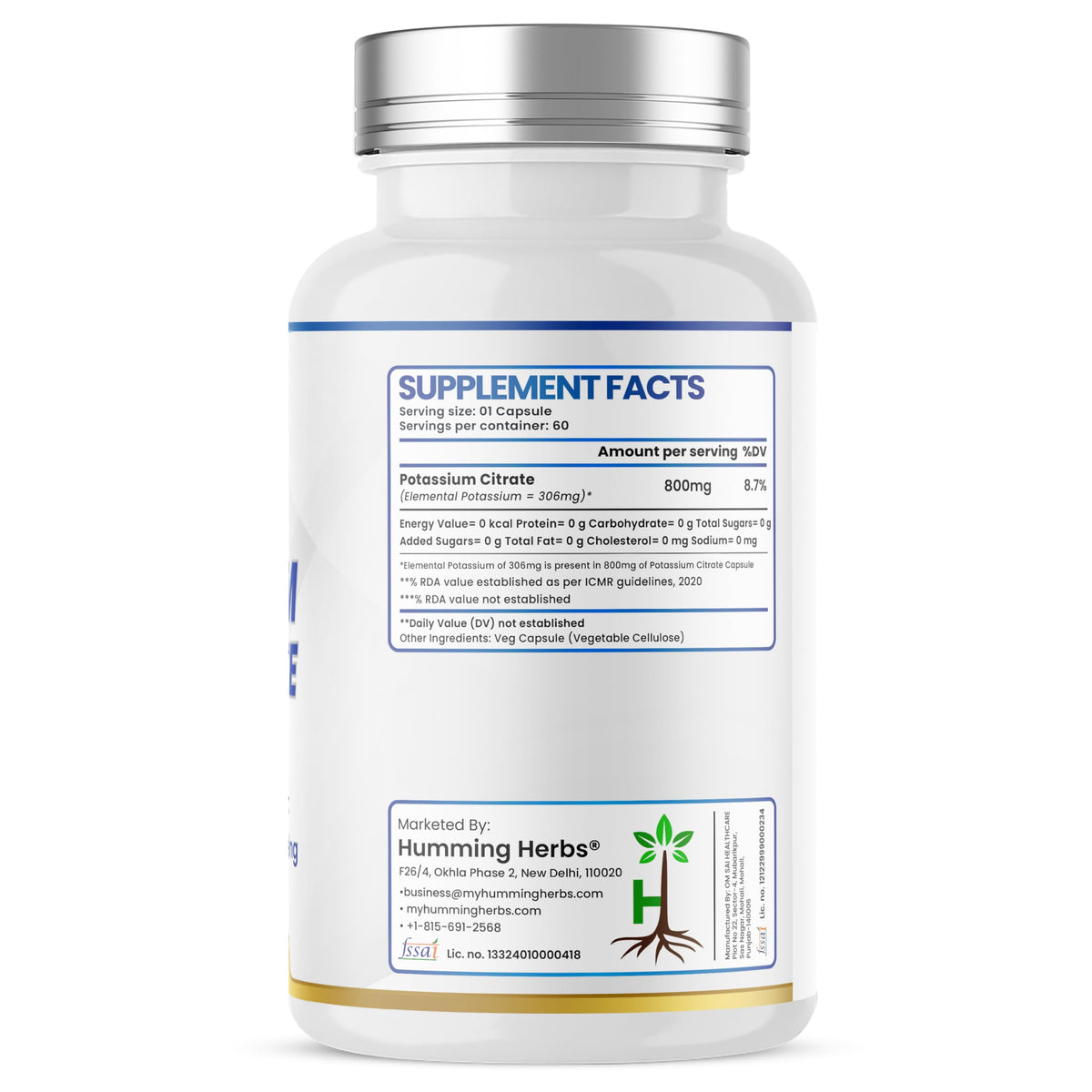 Humming Herbs Potassium Citrate 800 mg side view showing capsule