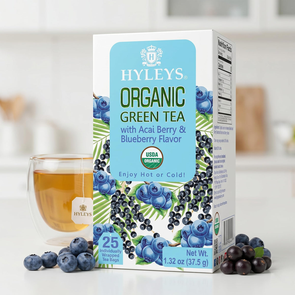 HYLEYS Organic Green Tea Acai & Blueberry individual tea bag close-up