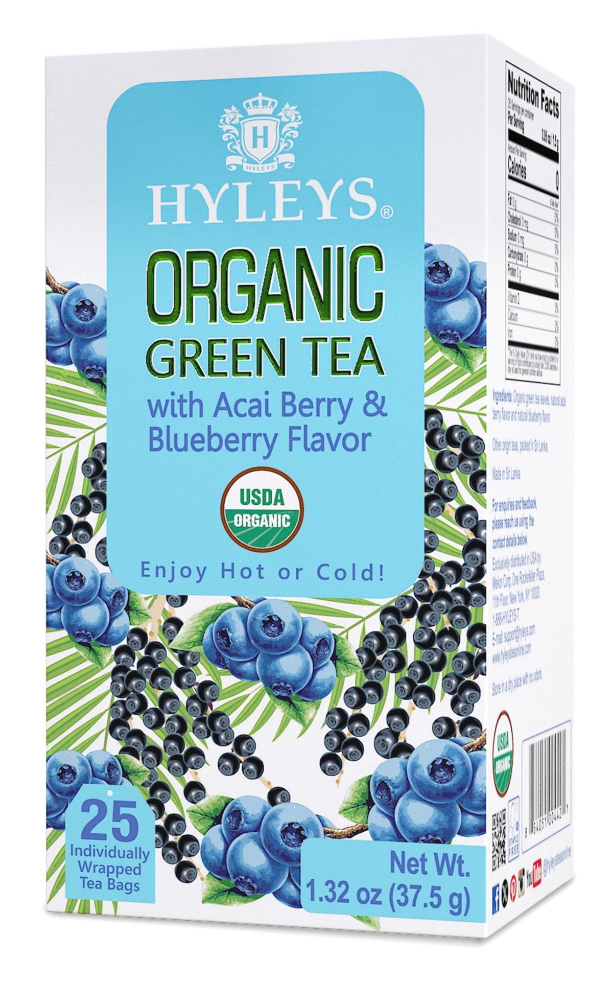 HYLEYS Organic Green Tea Acai & Blueberry packaging front view