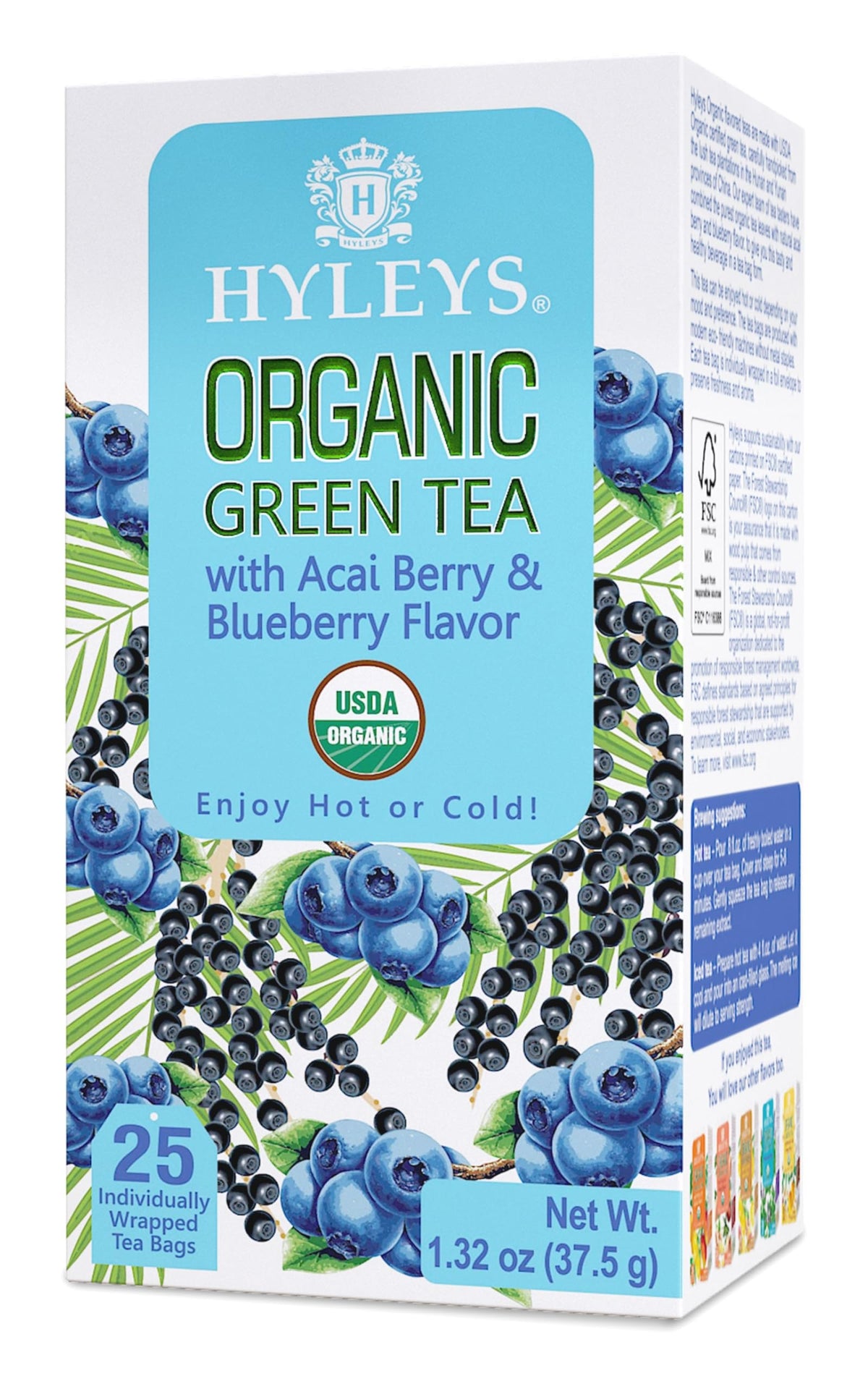 HYLEYS Organic Green Tea Acai & Blueberry tea bags inside packaging