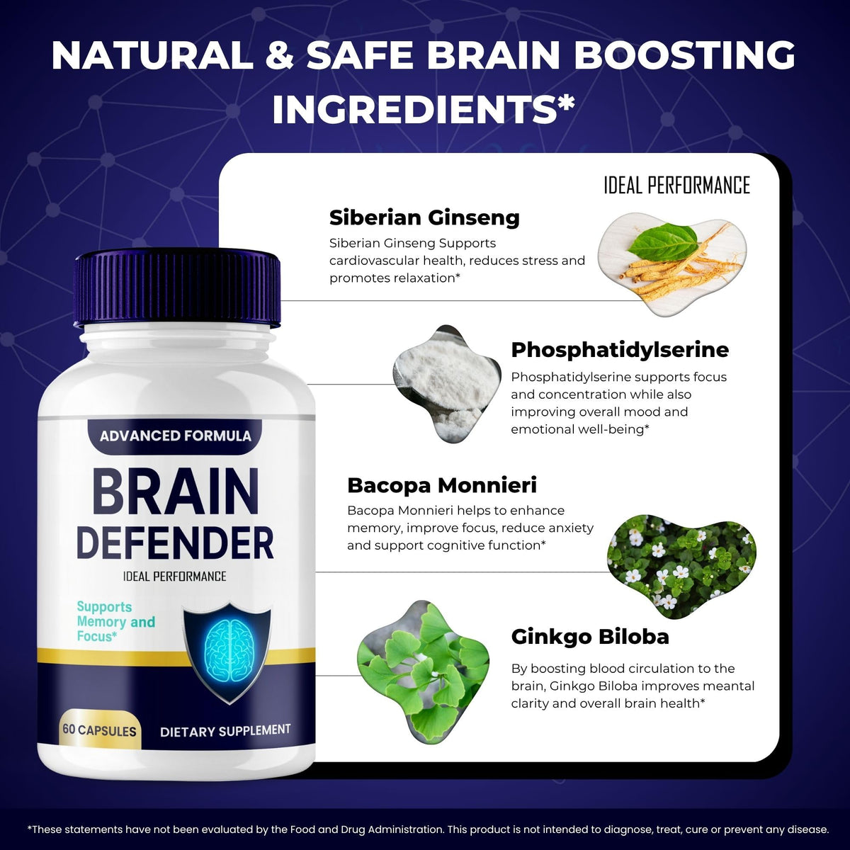 IDEAL PERFORMANCE Brain Defender Supplement with a measuring spoon