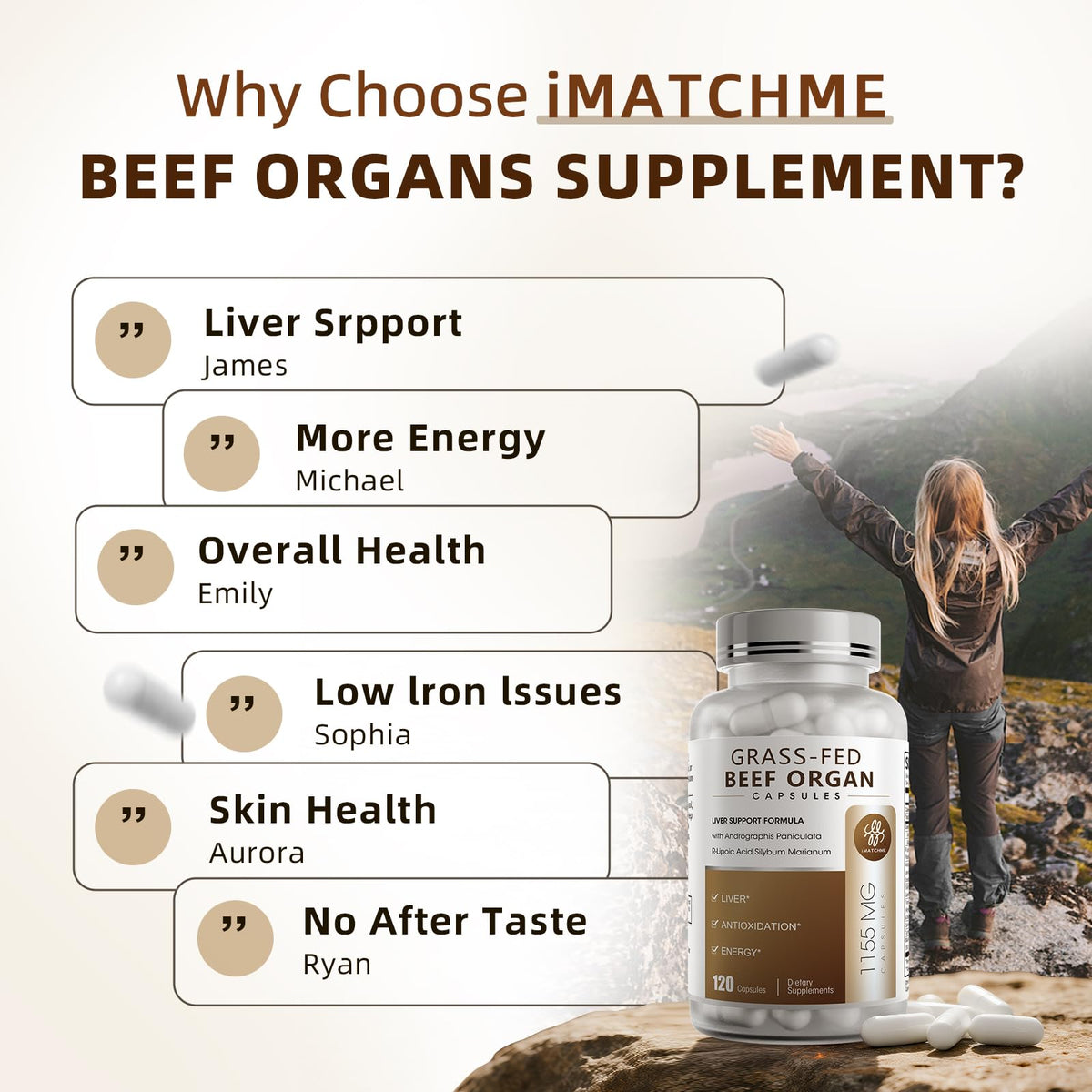 iMATCHME Grass Fed Beef Organ Supplement capsule close-up