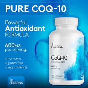 Infusions CoQ10 capsules on a wooden table