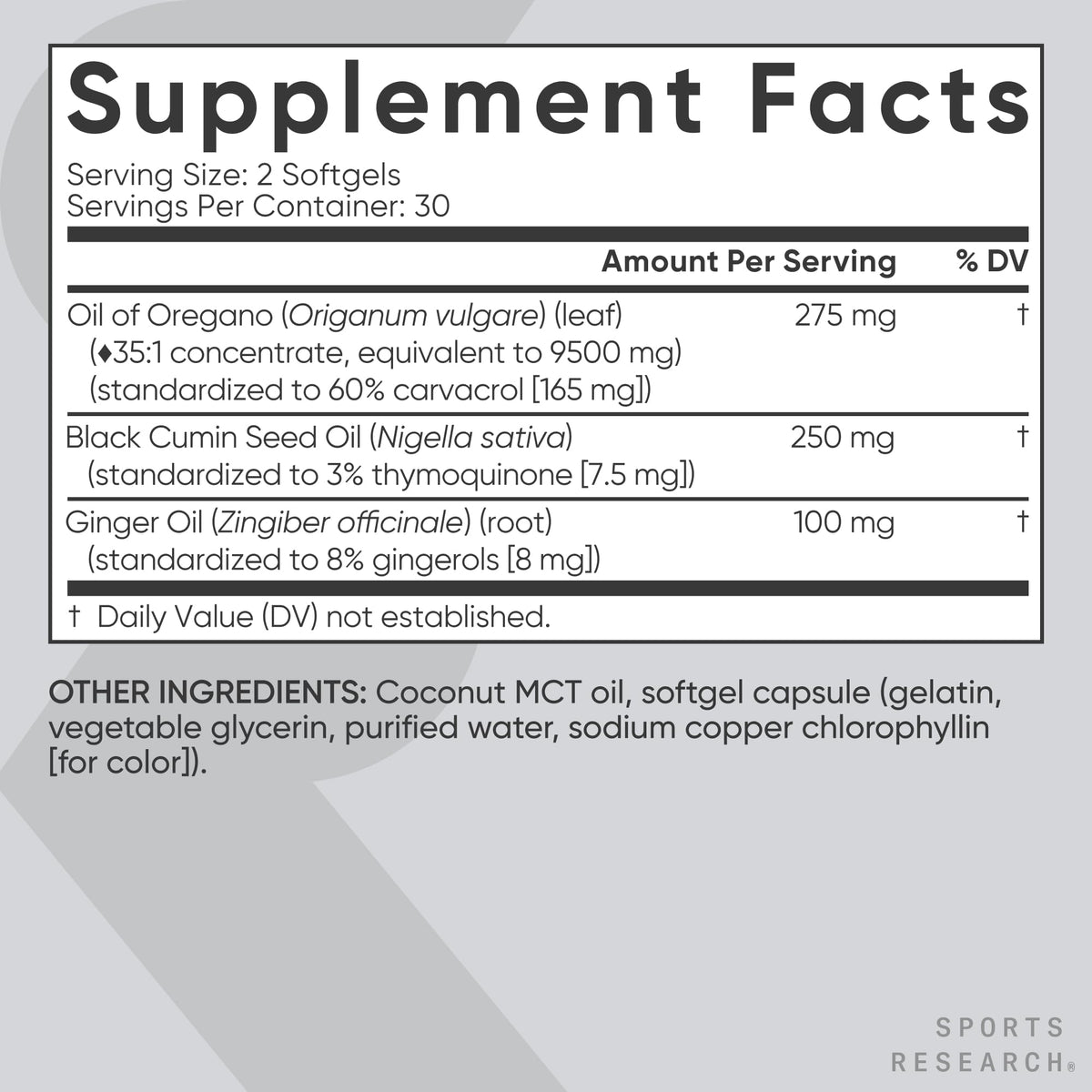 Ingredients list for Sports Research Oil of Oregano 9500mg