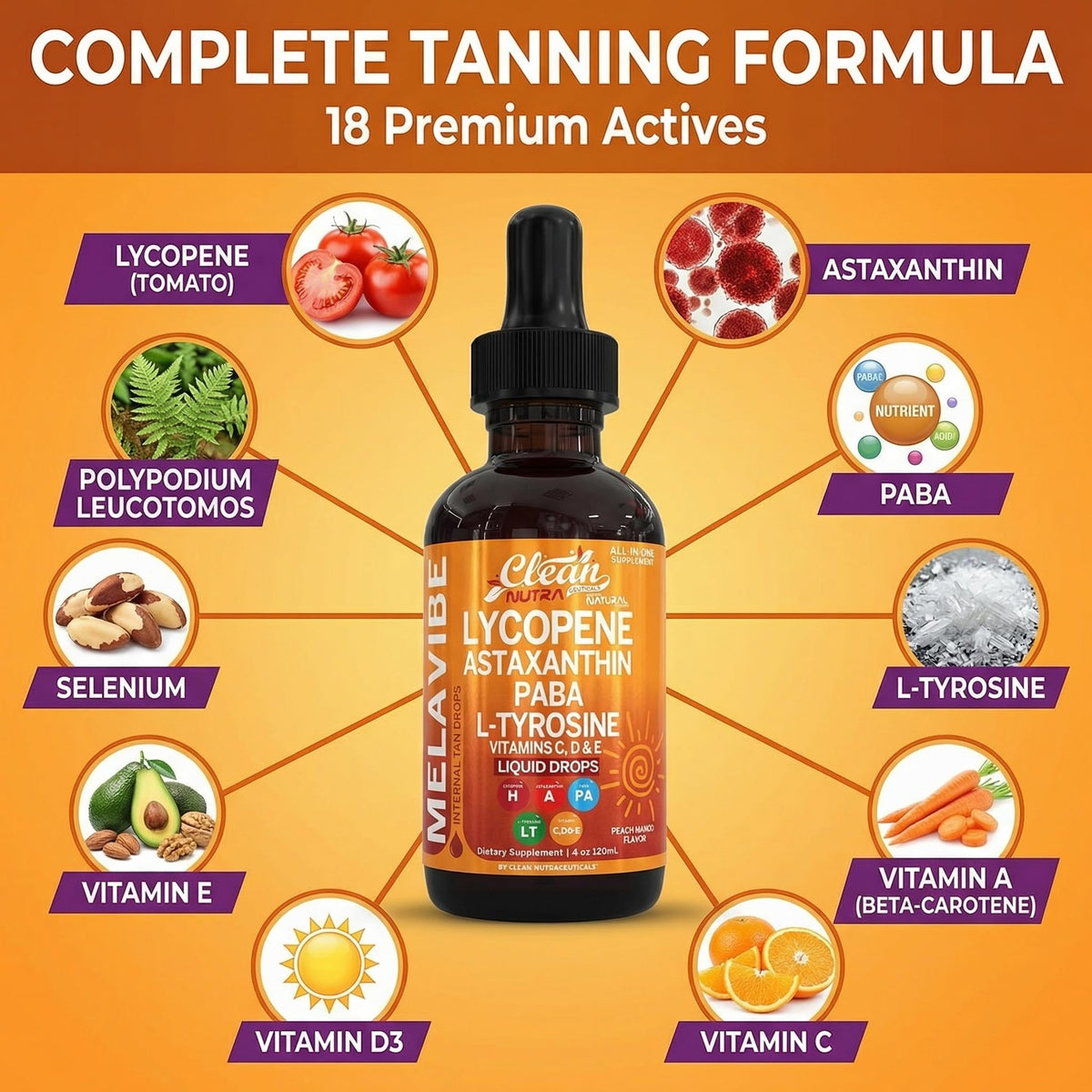 Ingredients list of Clean Nutraceuticals MelaVibe Internal Tanning Drops