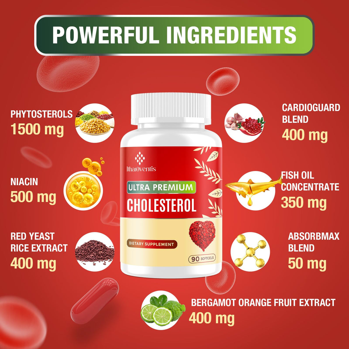 Itharoventis Cholesterol Lowering Supplements capsules on a table