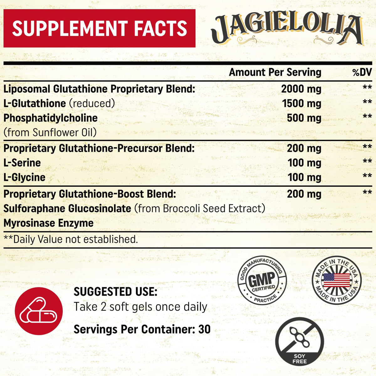 Jagielolia Liposomal Glutathione 2000 mg softgels side view