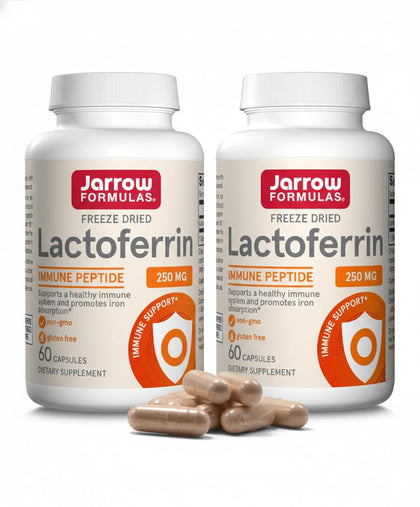 Jarrow Formulas Lactoferrin 250 mg supplement front view with packaging