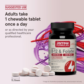 Jarrow Formulas Methyl B-12 & Methyl Folate 60 chewable tablets on a wooden table