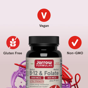 Jarrow Formulas Methyl B-12 & Methyl Folate chewable tablets with a fruit background