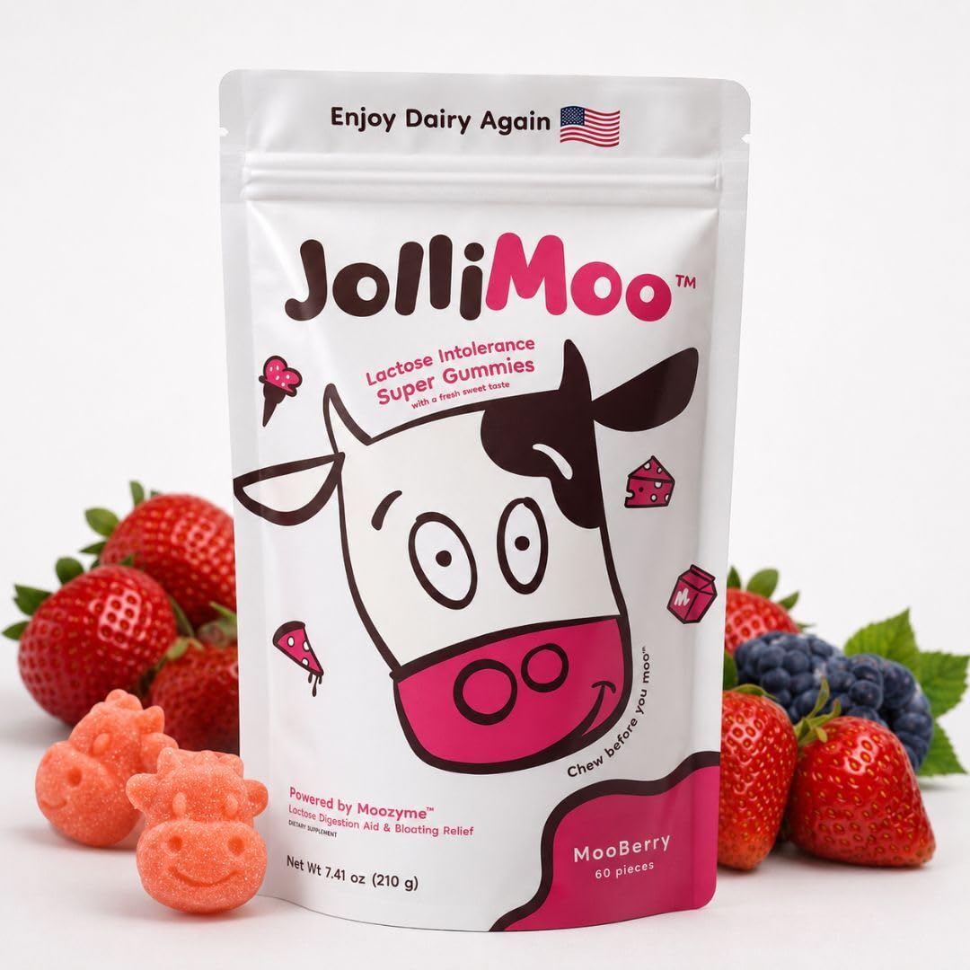 JolliMoo Lactase Enzyme Gummies front view with packaging
