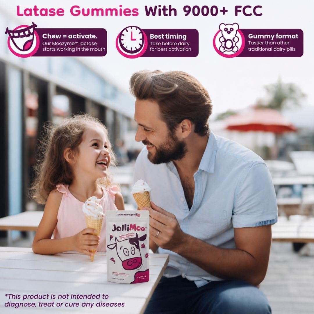 JolliMoo Lactase Gummies displayed on a kitchen counter