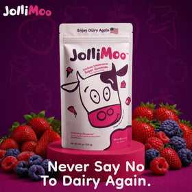 JolliMoo Lactase Gummies with a close-up of ingredients