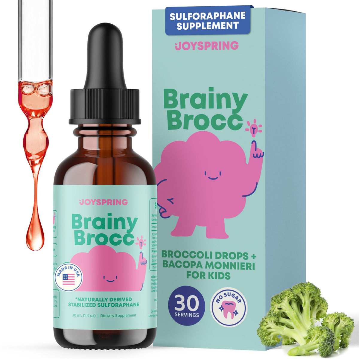JoySpring BrainyBrocc Kids Sulforaphane Drops bottle front view