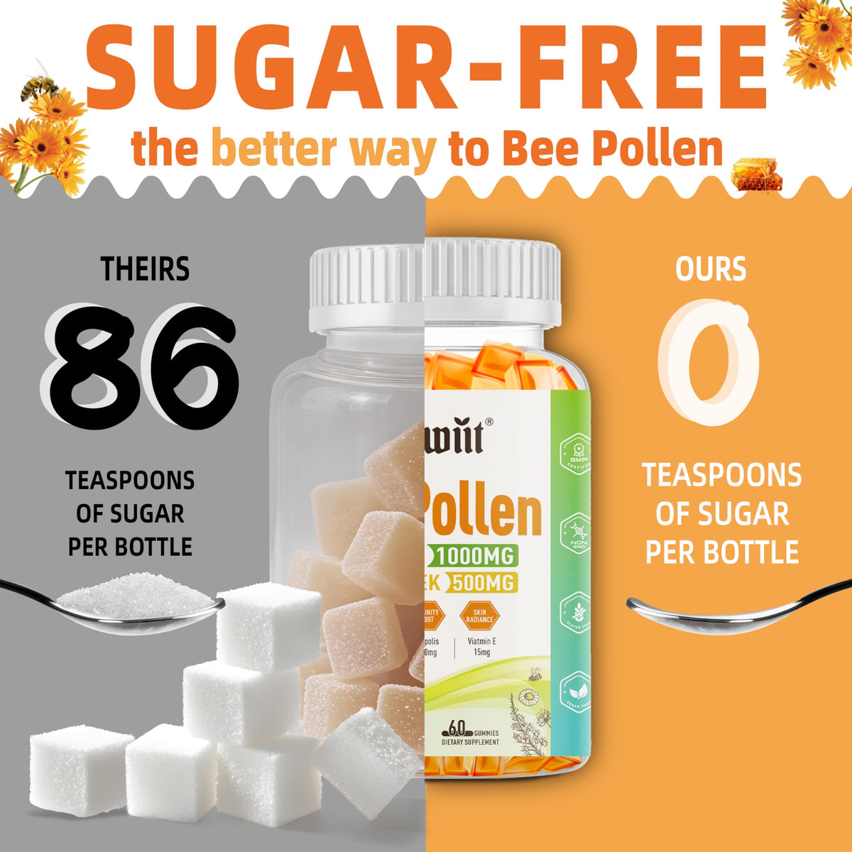 Joywiit Bee Pollen Gummies 1000mg in a hand for size comparison