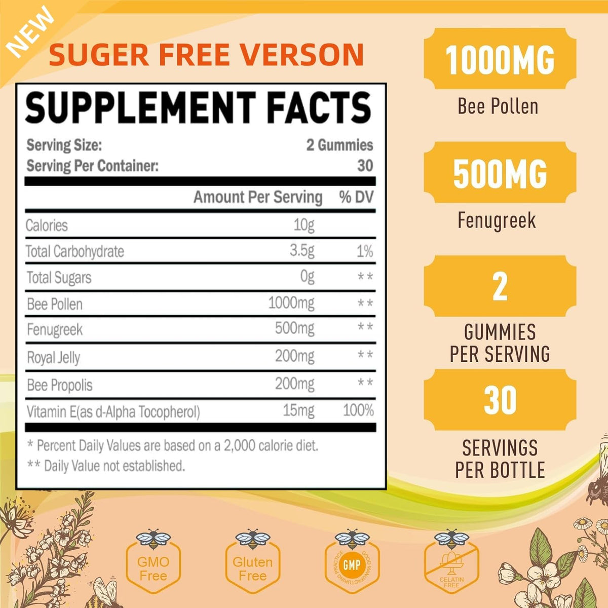 Joywiit Bee Pollen Gummies 1000mg side view with ingredients