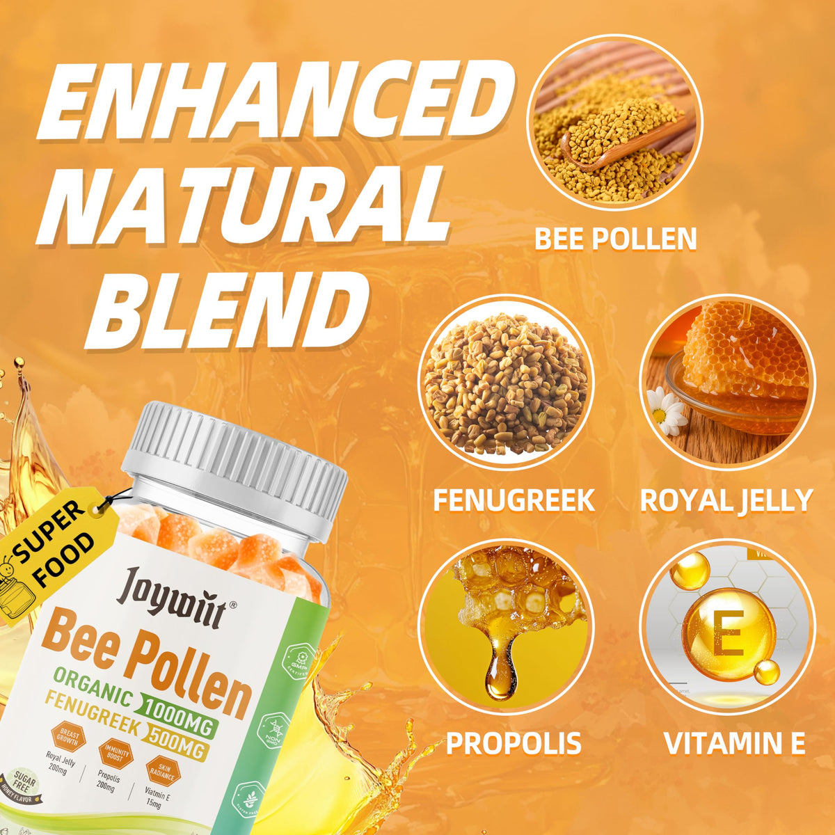 Joywiit Bee Pollen Gummies 1000mg with a glass of water
