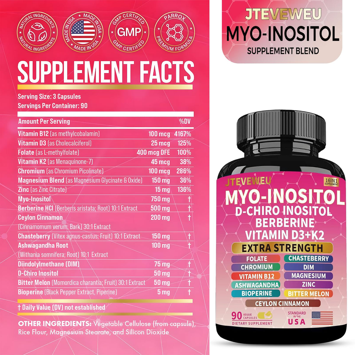 JTEVEweu Myo Inositol Supplement side view showing capsules