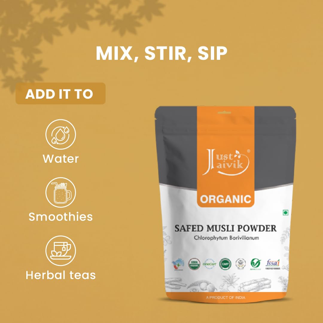 Just Jaivik Organic Safed Musli Powder in a measuring spoon