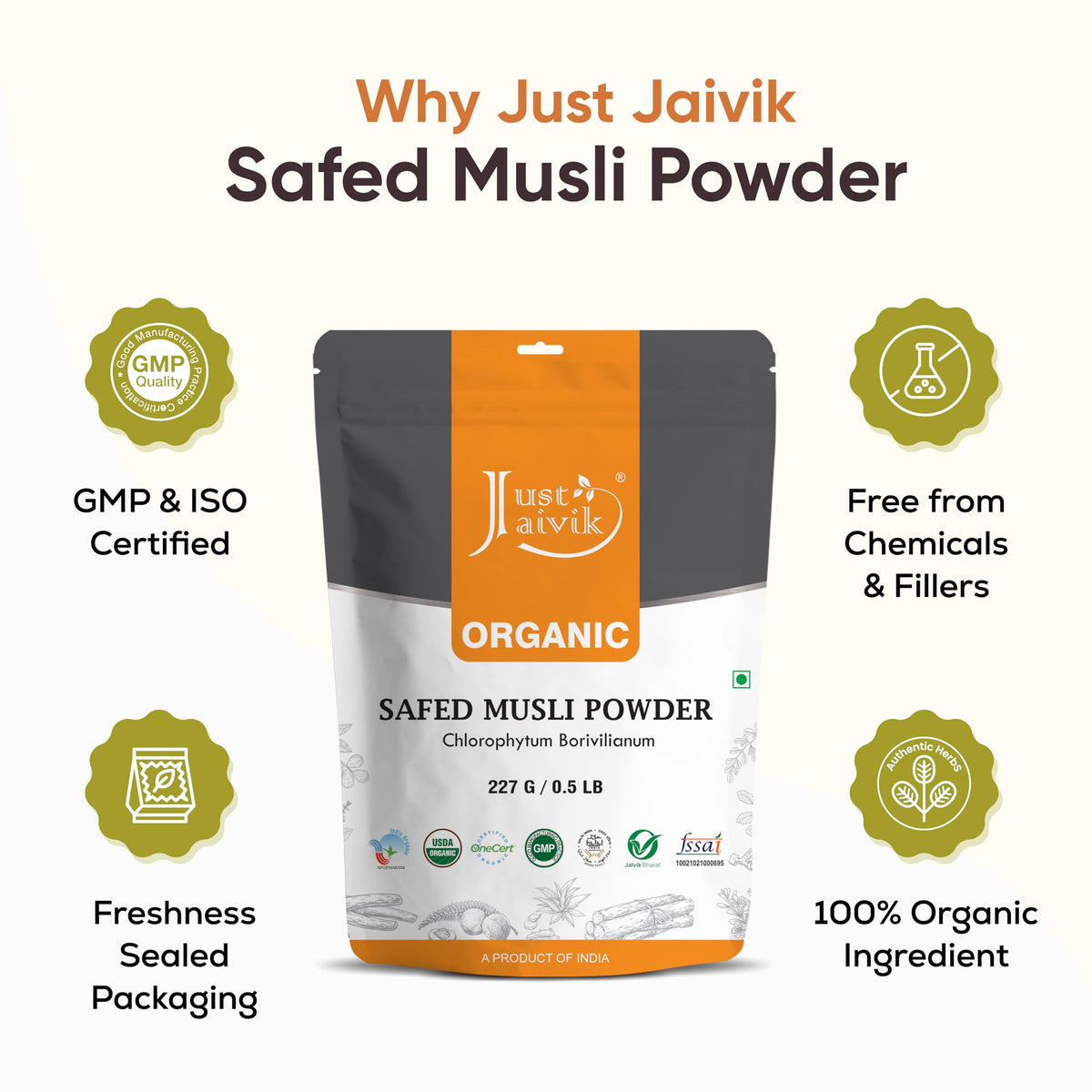 Just Jaivik Organic Safed Musli Powder with herbal ingredients