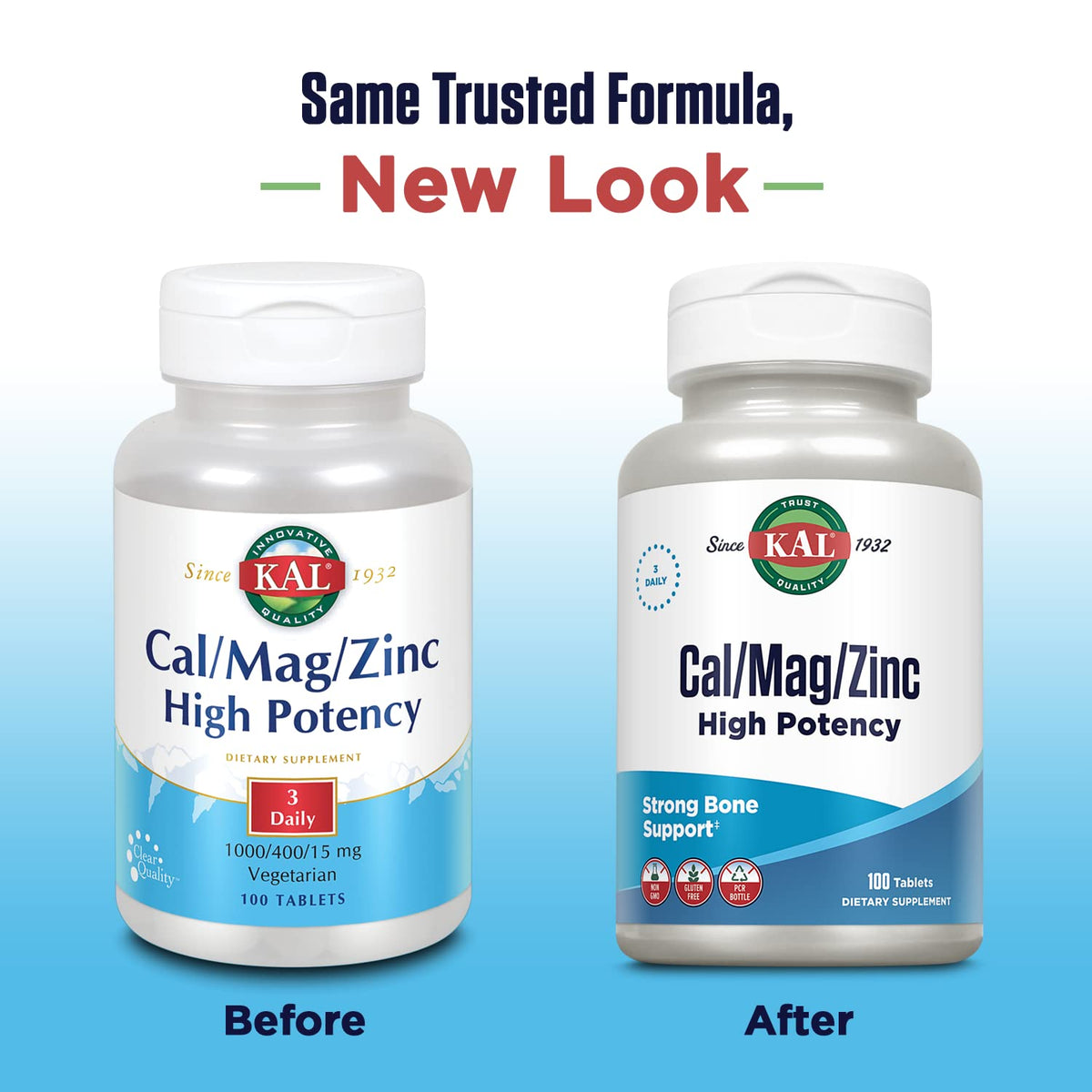 KAL Cal/Mag/Zinc Supplement side view showing tablet count